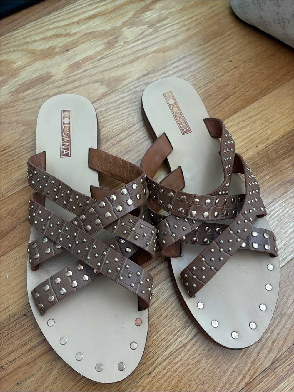 Sol Sana Brown Leather Studded Crisscross Slide Sandals